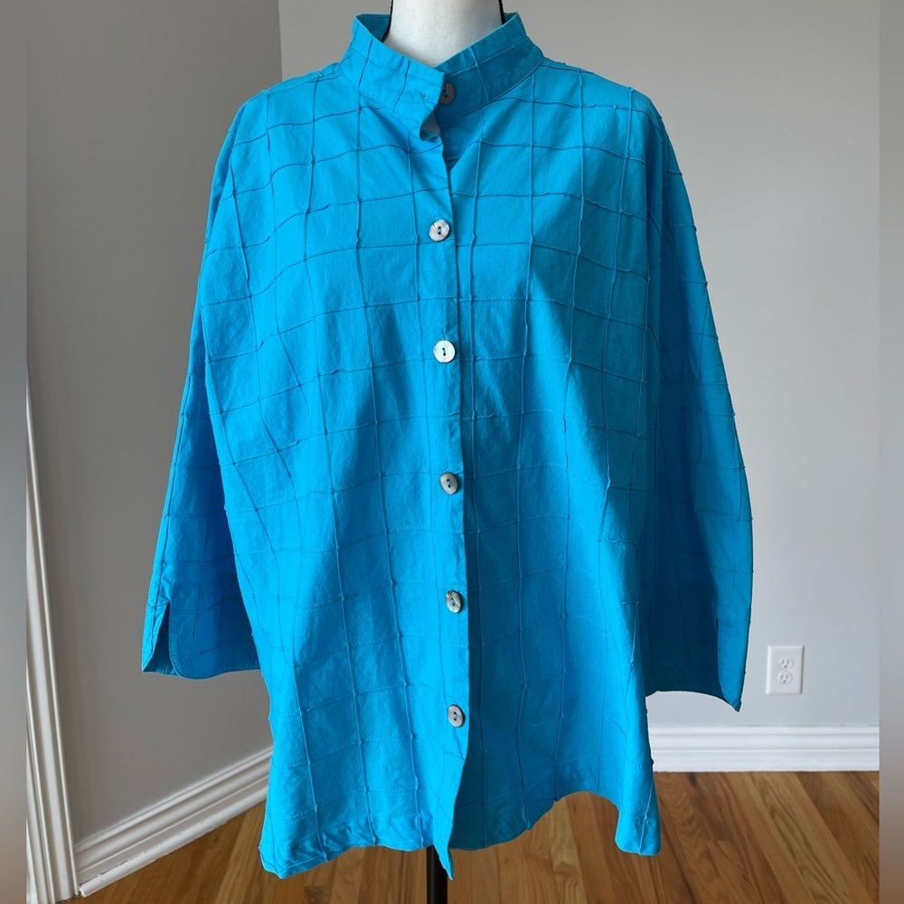 Ali Miles aqua blue blouse size 2x modest mature career office cotton